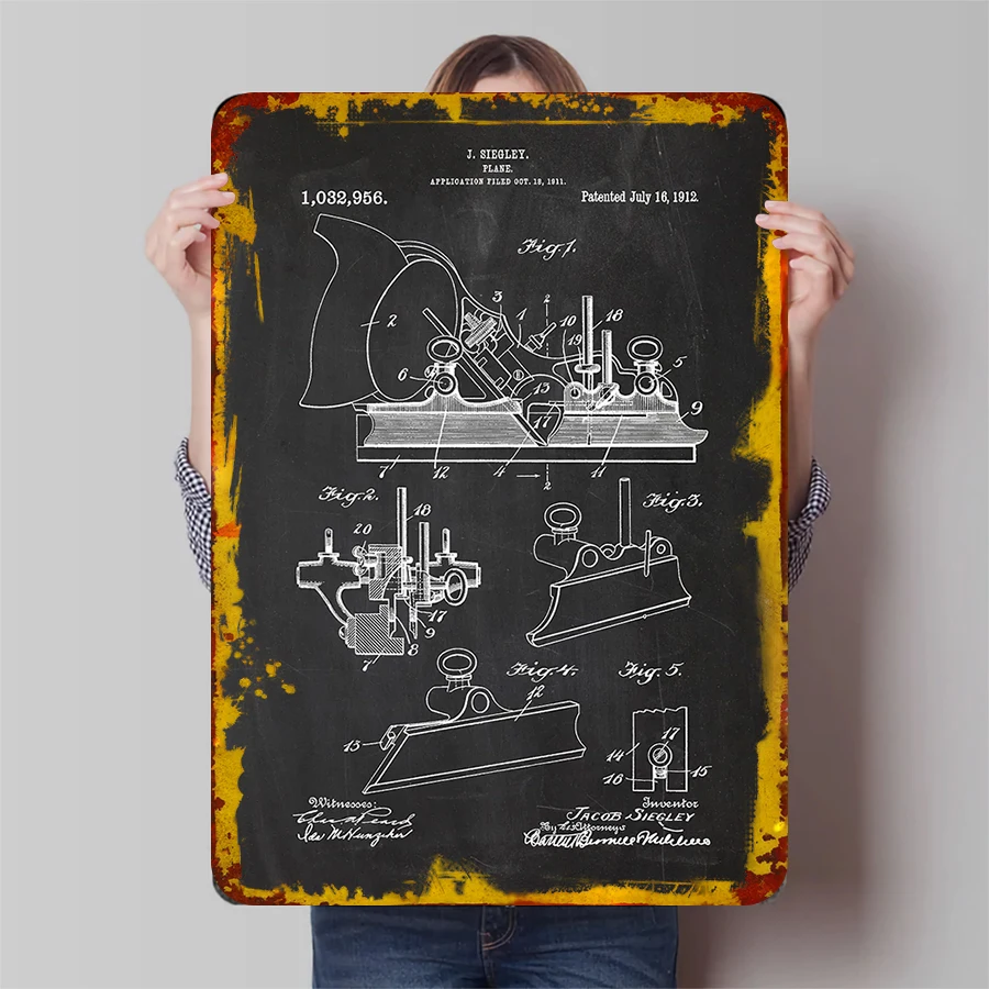 Vintage J.SELEY 1912 Plane Patent Drawing Metal Wall Art Industrial Home Decorative Painting