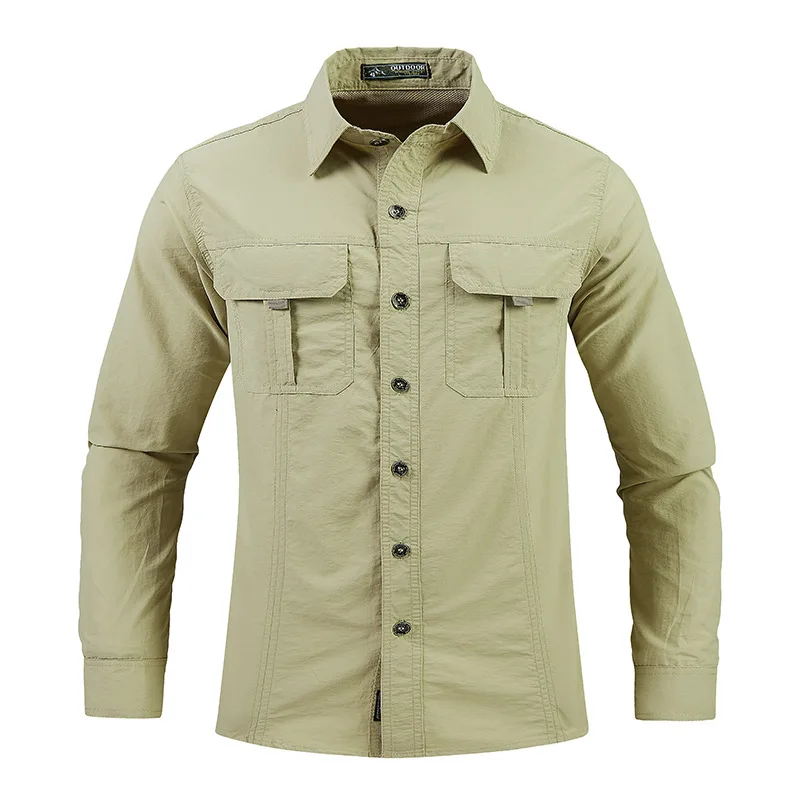 Summer Work Cargo Shirt Men Casual Quick-Drying Shirt Spring Lightweight Breathable Long-Sleeved Outdoor Waterproof Hiking Top
