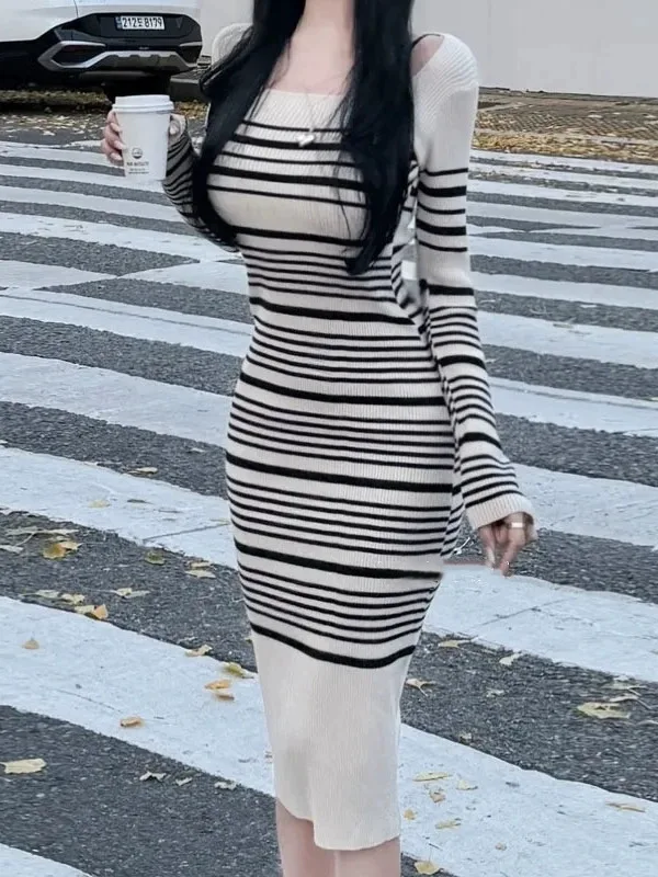 Version Korean 2024 Autumn/winter New Square Collar Striped Long Sleeve Dress Women High Waisted Wrap Hip Long Dress 647Q