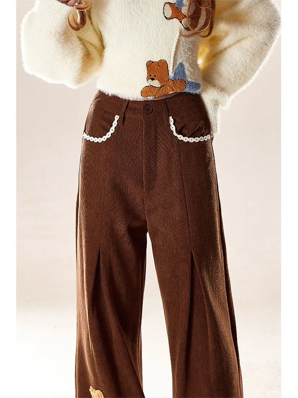 Pantalon large en velours côtelé Thiened Fce pour femmes, pantalon décontracté à taille haute avec fermeture à boutons, automne hiver, nouveau style