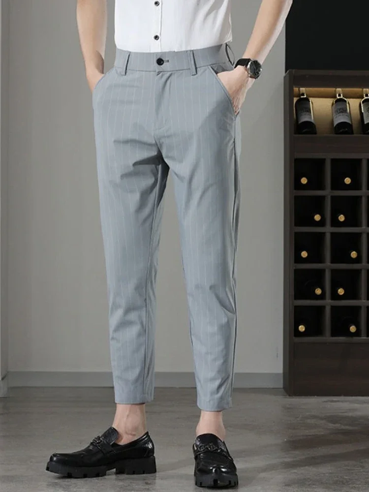 Calças de terno masculino de ajuste fino, roupas de primavera, roupas de trabalho de alta qualidade, oferta de comentários coreanos, muitos novos em up, calças de ternos masculinos
