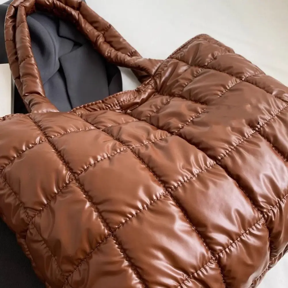 Tas Bahu Katun Gaya Korea Tas Tote Berlapis Katun Warna Polos Kotak-kotak Tas Tangan Nilon Ringan Kapasitas Besar