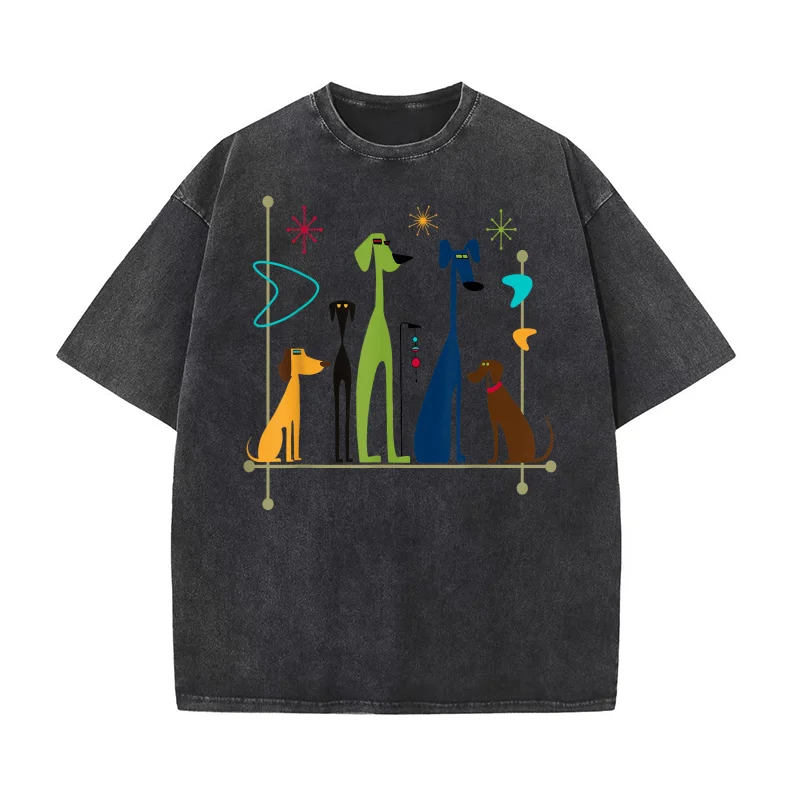 

Retro Mid-Century Modern Dogs 50s 60s Style Pure Cotton T-shirt Oversized Men's Art Graphic Clothing Printed