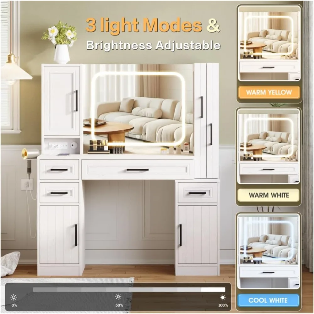 슬라이딩 보석 선반이 있는 조명 거울 화장대와 4개의 서랍, 대형 메이크업 스테이션