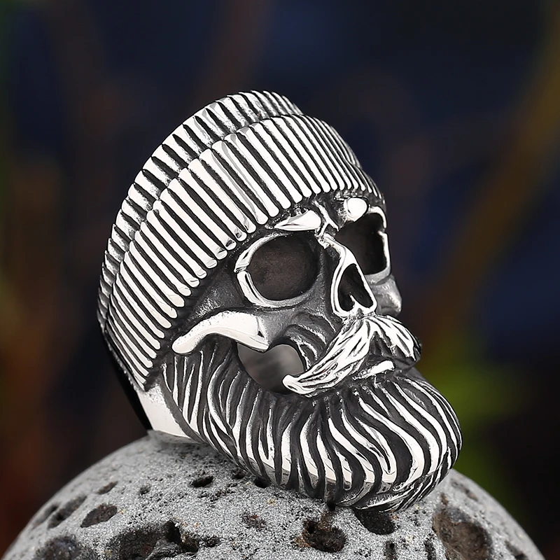 Gothic Vintage 316L Stainless Steel Cool Locomotive Old Man Skull Ring Punk Rock Bearded High Quality Jewelry DropshippingOSR463