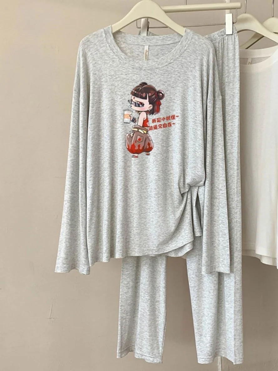 

A62 Modal Pajamas Women's Spring and Autumn New Casual Round Neck Long Sleeve Plaid Breathable Homewear Set