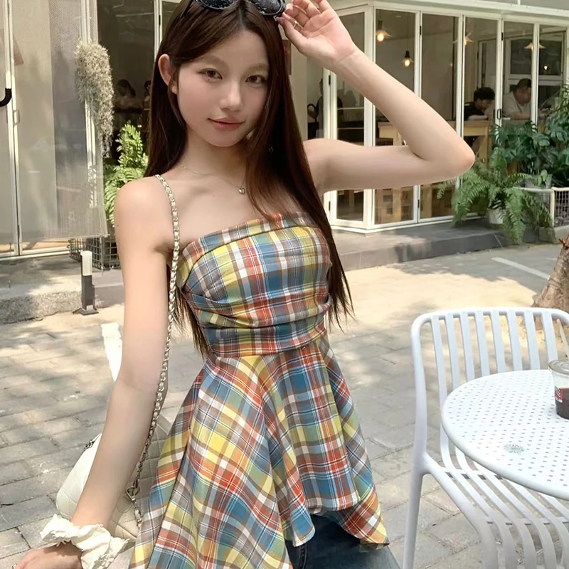 Verão coreano retro xadrez irregular sem alças sem mangas camisola fina para mulher