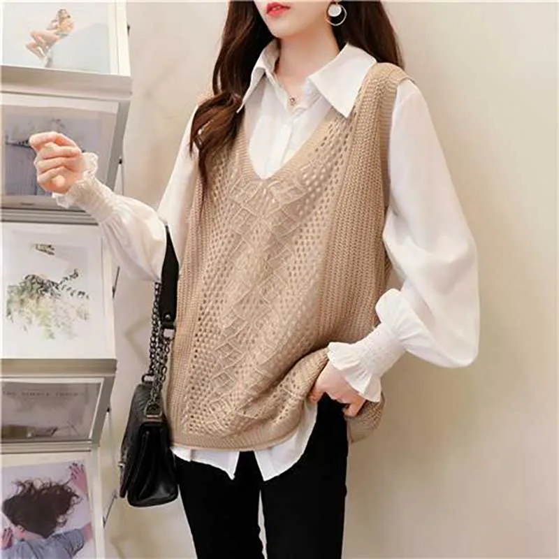 Fashion V-Neck Solid Color Hollow Out Vest Sweaters Women\'s Clothing 2024 Spring New Loose Knitted Korean Pullovers Casual Tops