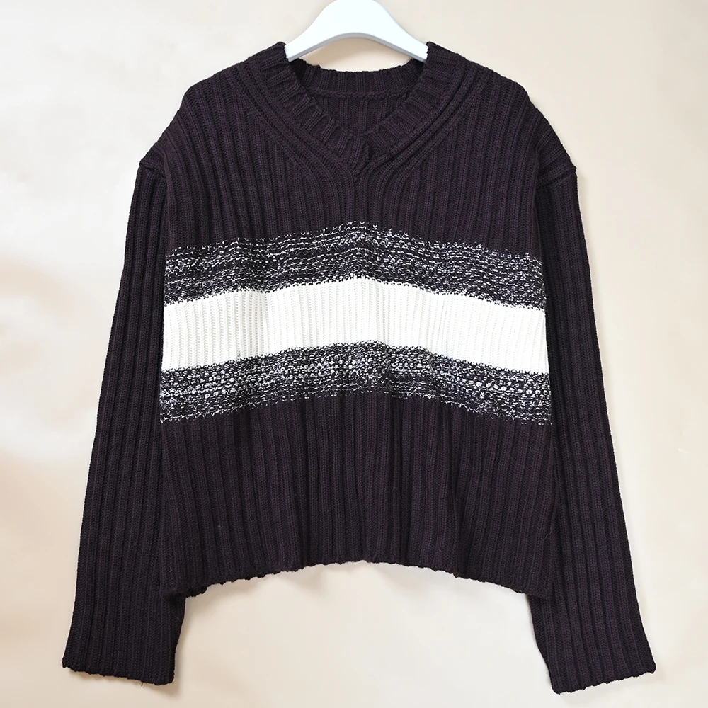 

Winter New Women's Retro Striped Loose Knitted Sweater Thickened V-Neck Commute Style plus Size Shoulder Drop Fashionable