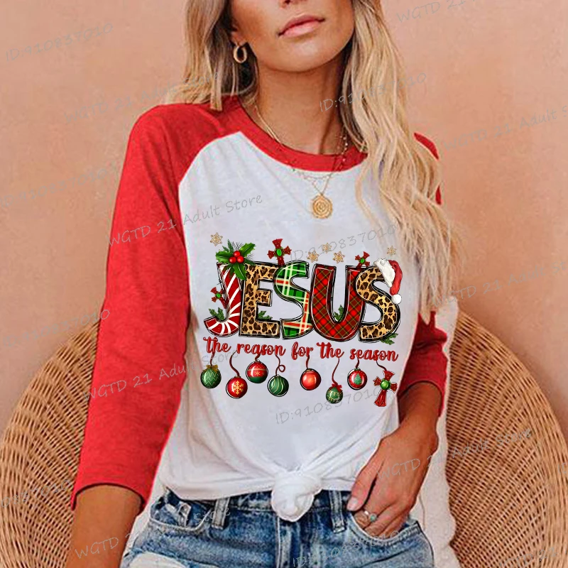 

Jesus The Reason For The Season Print Women T-shirt Casual Christmas Tshirt Fashion Spring Autumn Raglan Shirt Christmas Y2K Top