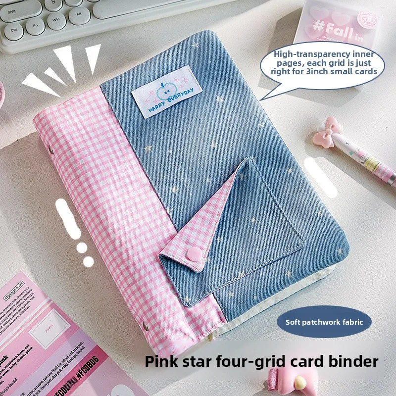 Pink Plaid Denim Patchwork 3 Inch Four Grid Photocard Binder DIY Photo Album Card Holder for Photocards Storage Card Book