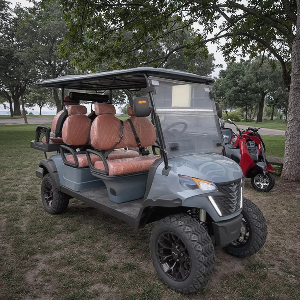 

The golf cart is equipped with a premium leather bag holder for the ultimate golf experience
