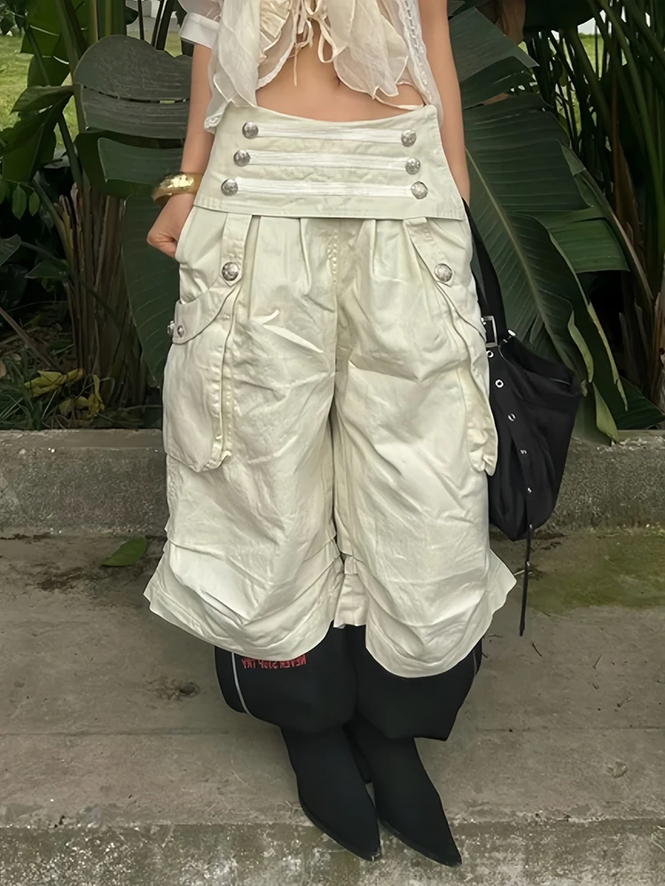 ReddaChic Button Decor Bermuda Cargo Shorts Woman Y2K Wide Leg Elastic Waist Carpi Cargo Pants Steampunk Alternative Clothes