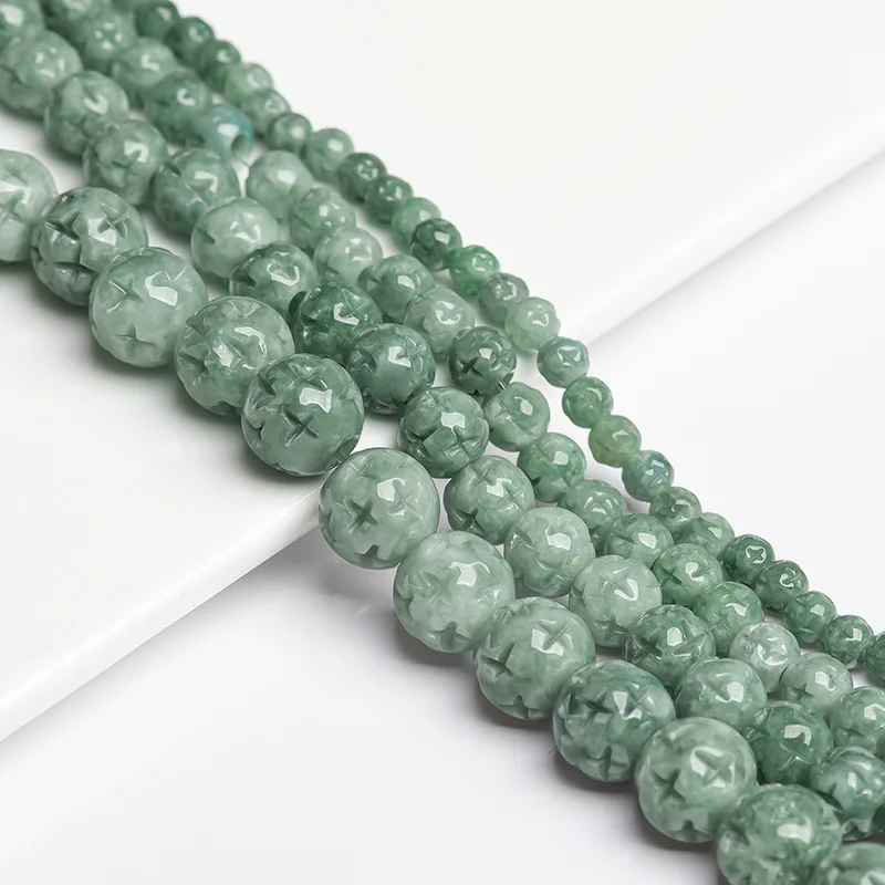 

Natural A-goods Jadeite Pea Green Jade Loose Beads Carved Patterns Bracelets Necklaces Handmade DIY Materials Drop Shipping