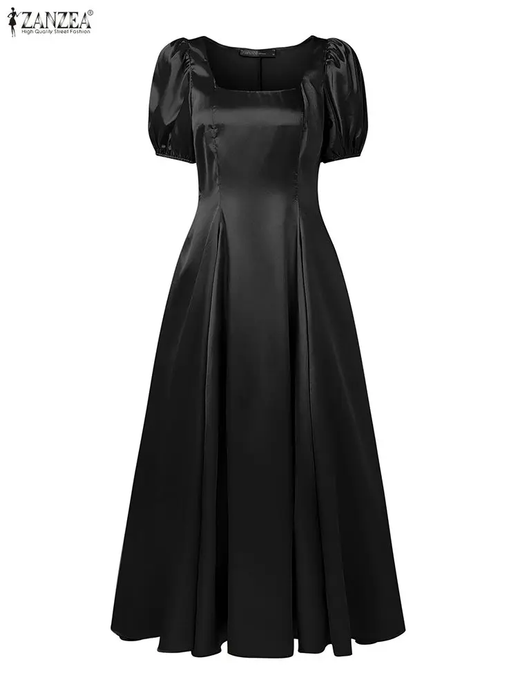 ZANZEA Damskie Sukienki Satynowe na Wesele, Eleganckie i Stylowe, z Kwadratowym Dekoltem, Krótkim Bufiastym Rękawem, Dopasowana Talia, Krój A-Line, Sukienka na Przyjęcie, Rozmiary S-3XL