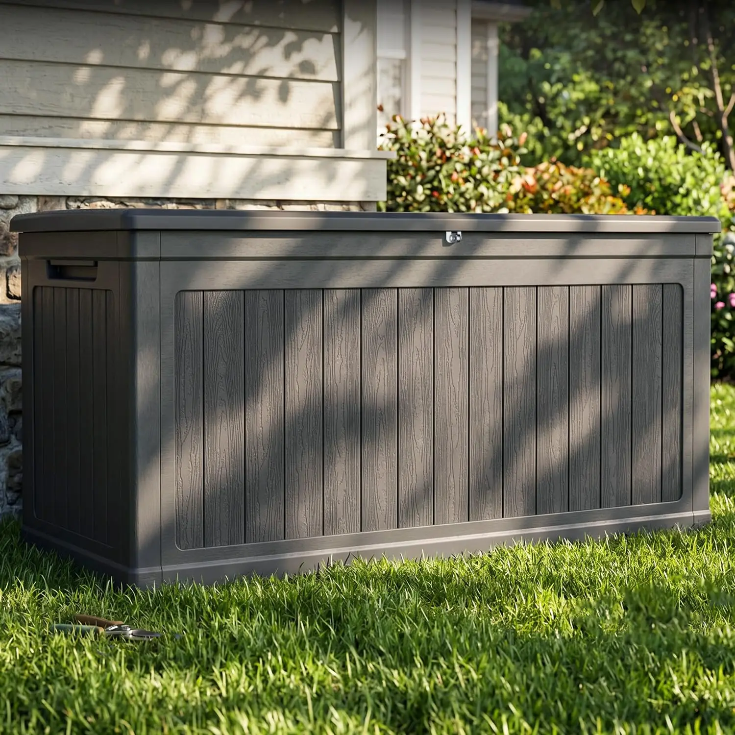 Extra Large Waterproof Resin, Hydraulic Rod, Lockable Wood-grain Finish Container for Patio Furniture,Garden,Pool and Garage