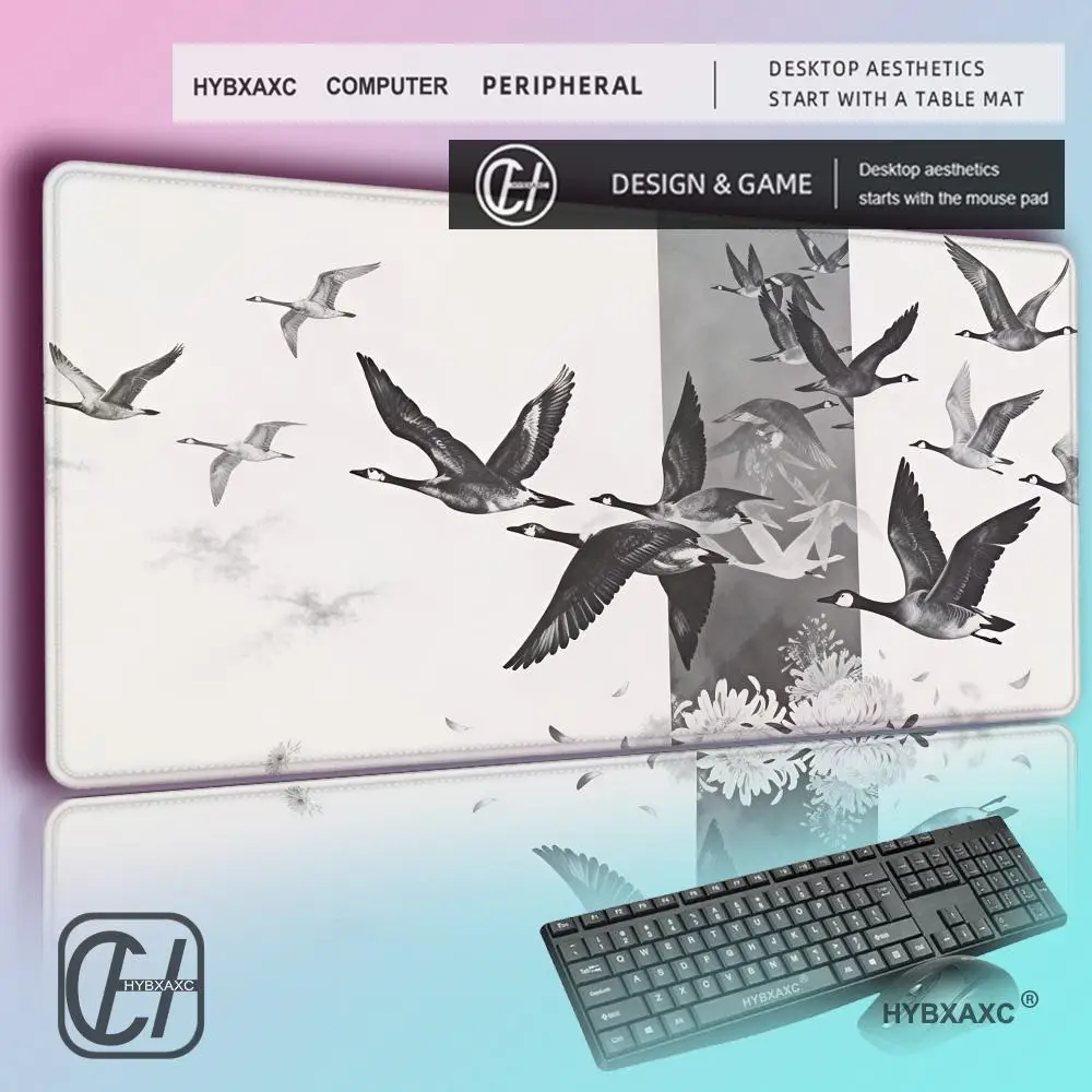 Chinese Style Ink Flying Wild Goose Chrysanthemum XXL Mouse Pad, Retro Landscape Non-Slip Gaming Office Desktop Mat
