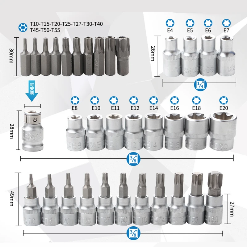 2023 New 14/34Pcs Torx Star Sockets & Bit Set Male / Female E-Security Bits Drive Handheld Tool Torque Star Socket