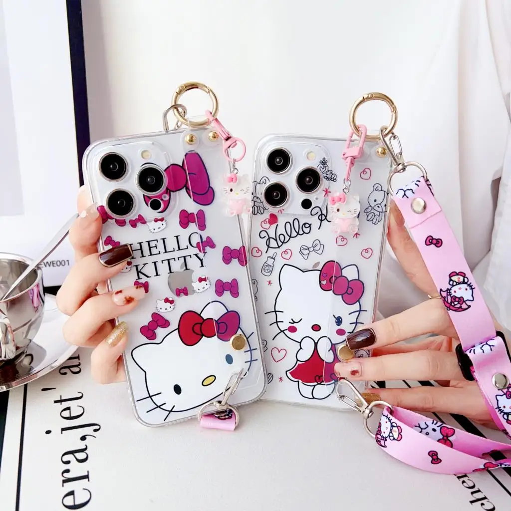 Hello Kitty For iPhone 15 14 13 12 11 Pro Xs Max Xs XR 7 8 6 Plus SE 2020 Case Wrist Strap Ornament