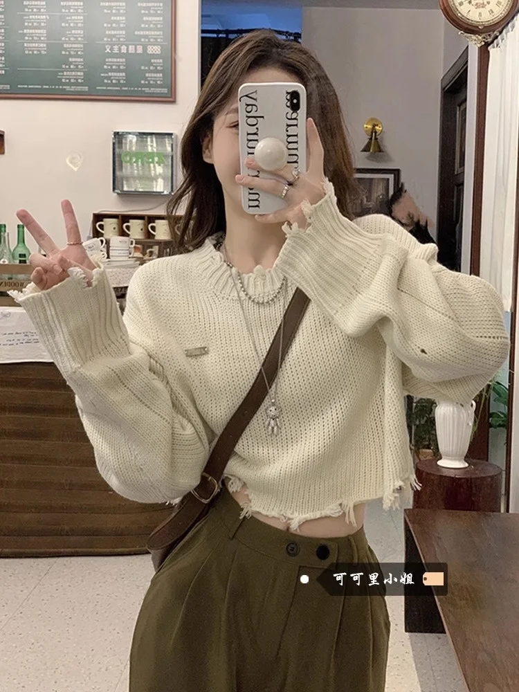 

Women's Loose Long Sve Knitted Sweater ort Sle Hole Design Spring New Faion Casual Straight Tube Top Pure Color