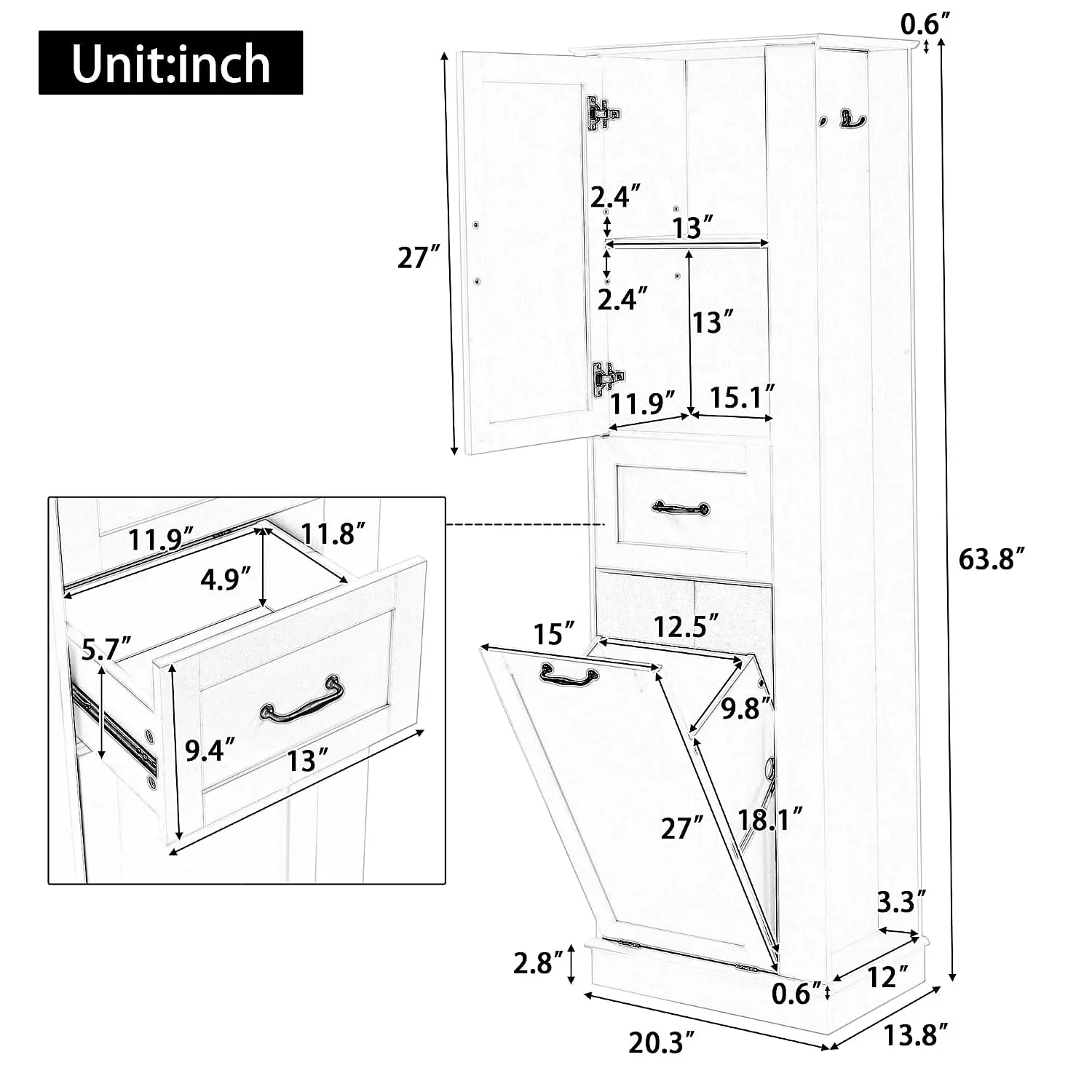 Tall Tilt-Out Laundry Cabinet with Hidden Hamper, Hooks & Adjustable Shelf, Drawers for Bathroom Living Room Kitchen, Customized