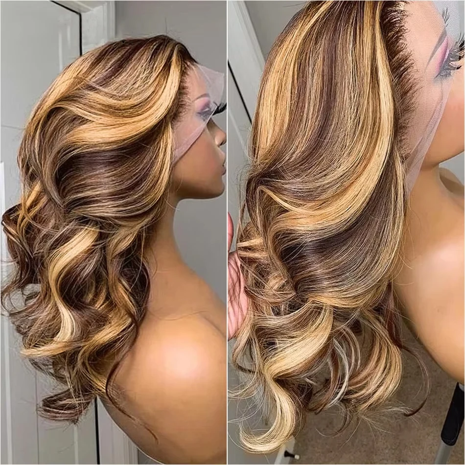 Honey Blonde Bob Wig Human Hair 14 Inch 13x4 Body Wave 4/27 Highlight Ombre HD Lace Front Wigs Human Hair Pre Plucked Glueless Lace Frontal Bob Wigs for Women Colored Wig image 6