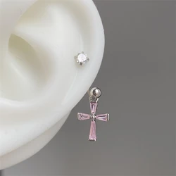 1PCS Pink Zircon Cross 316L Stainless Steel Annular Ear Bone Nail New Fashion U-shaped Earrings for Women Y2K Punk Jewelry