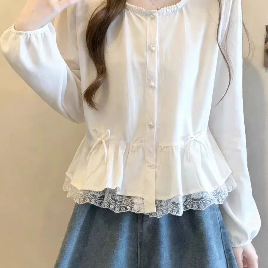 

Женская комфортная дышащая рубашка из полиэстера в японском стиле с длинными рукавами, круглым вырезом и кружевной отделкой, повседневная.