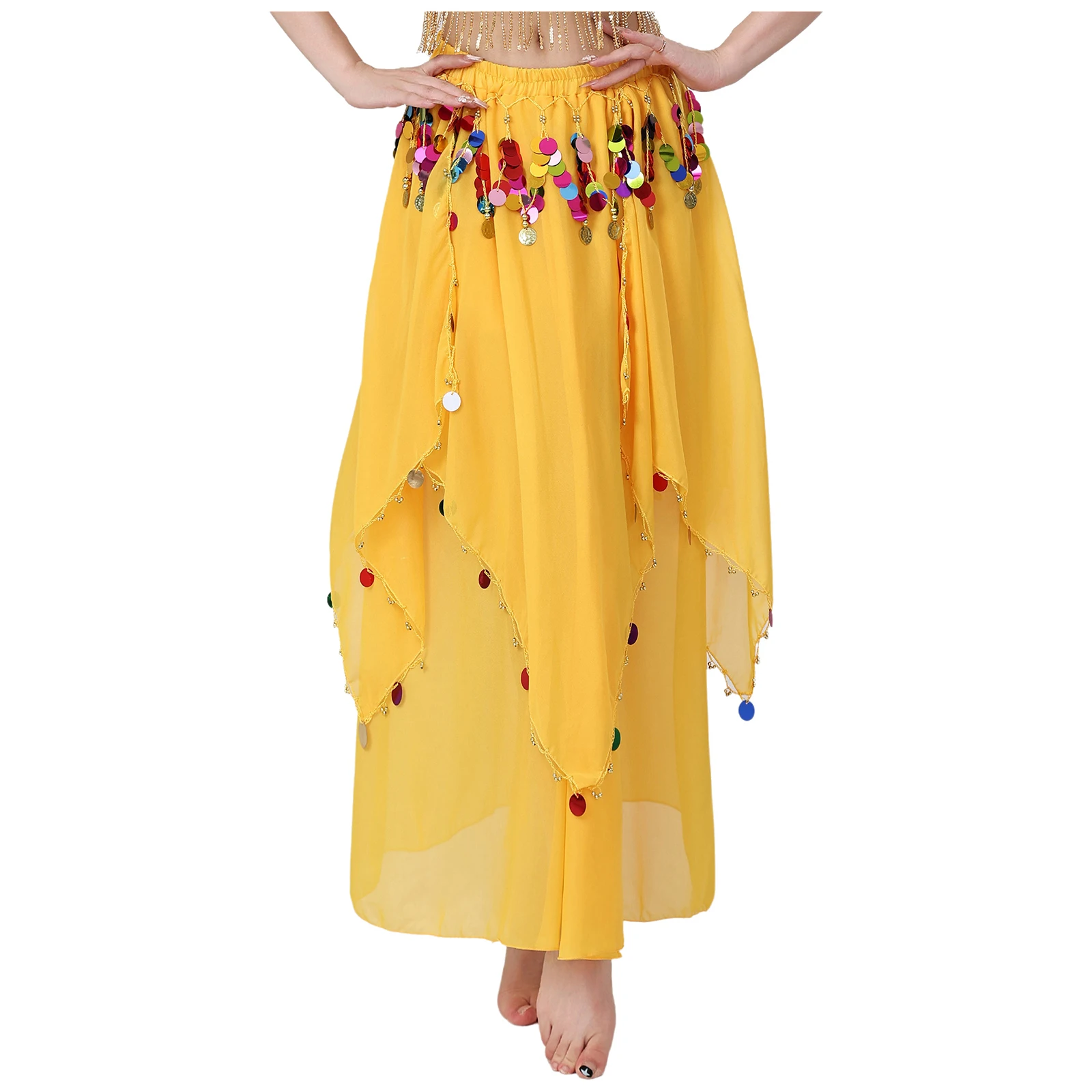 Vrouwen Lyrische Buikdans Prestaties Chiffon Rok Glittery Pailletten Kwastje Rok Danskleding voor India Folk Buikdanskostuums