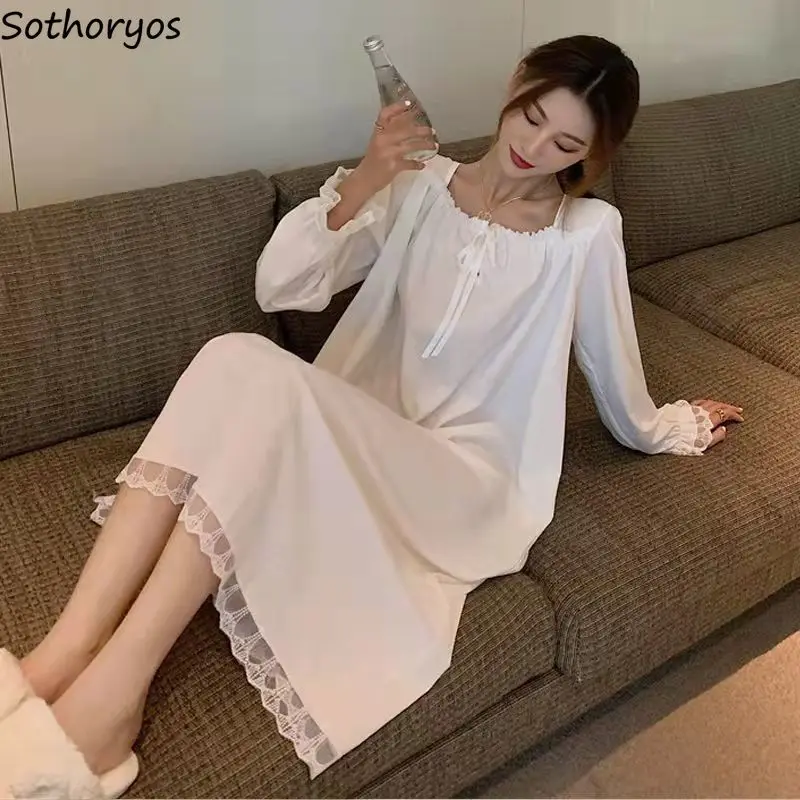 

White Nightgowns Women Sweet Princess Ruffle Square Collar Mid-calf Nightdress Fairy Lounge Long Sleeve Lace Sleepshirt Autumn