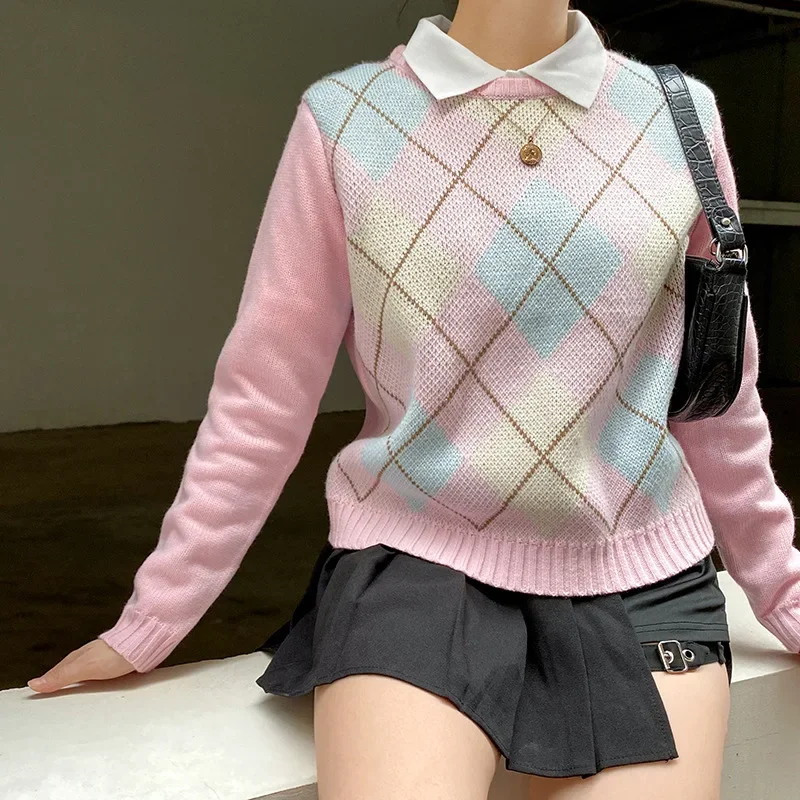 

Argyle Knitted Long Sleeve Sweater Pink Women Y2k Jumpers Winter Fashion 90s Aesthetic Knitwear Autumn Tops Sweet Preppy Style