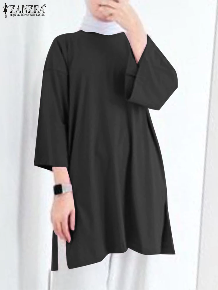 

Oversize Women O Neck 3/4 Sleeve Tops Tunic ZANZEA Fashion Solid Loose Casual Blouse Spring Split Hem Long Shirt Muslim Blusas