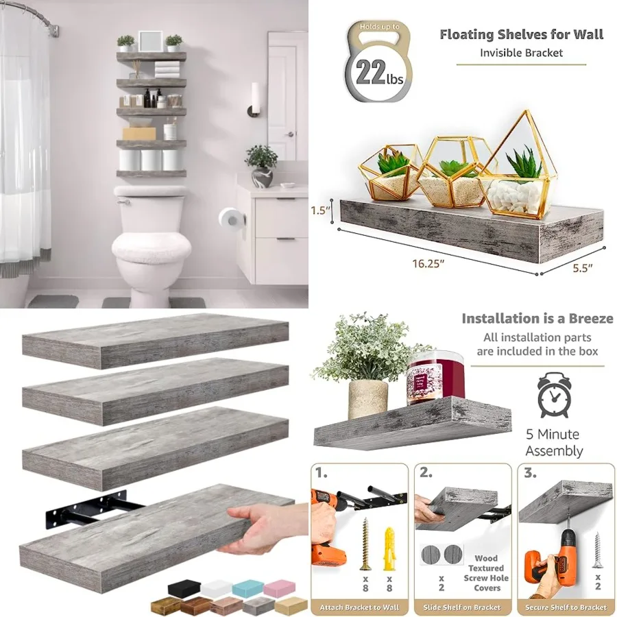 

Floating Shelves for Wall 16 Inch Floating Shelf for Kitchen, Bedroom, Living Room, Bathroom, Home and Wall Decor - Mounted Bat