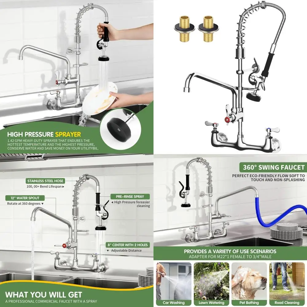 

Industrial Wall-Mounted Pre-Rinse Kitchen Faucet for Restaurants and Commercial Sinks - Classic Style