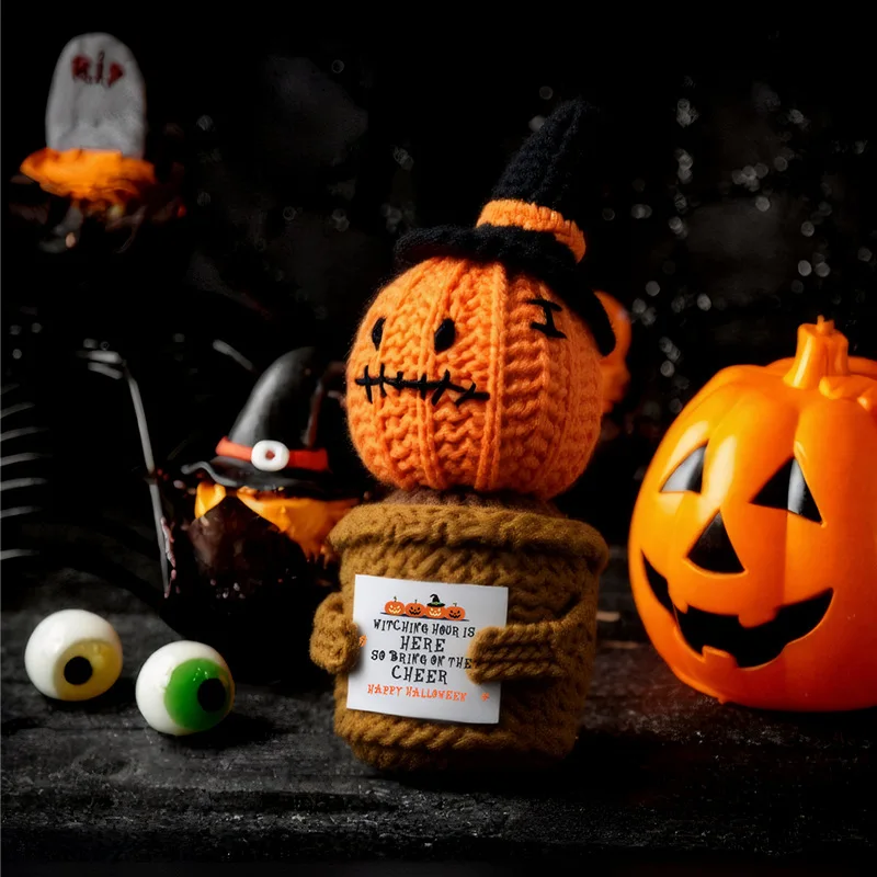 Halloween new wool crocheted pumpkin doll cross-border funny positive card plant doll potted plant ornament