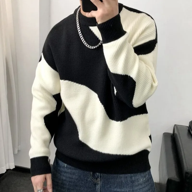 سترة رجالية متماسكة بياقة دائرية ملابس تريكو ضيقة قابلة للتمدد بالإضافة إلى حجم كبير بلوزة هاراجوكو منسوجة للخريف والشتاء بلوفرات رخيصة للرجال #2