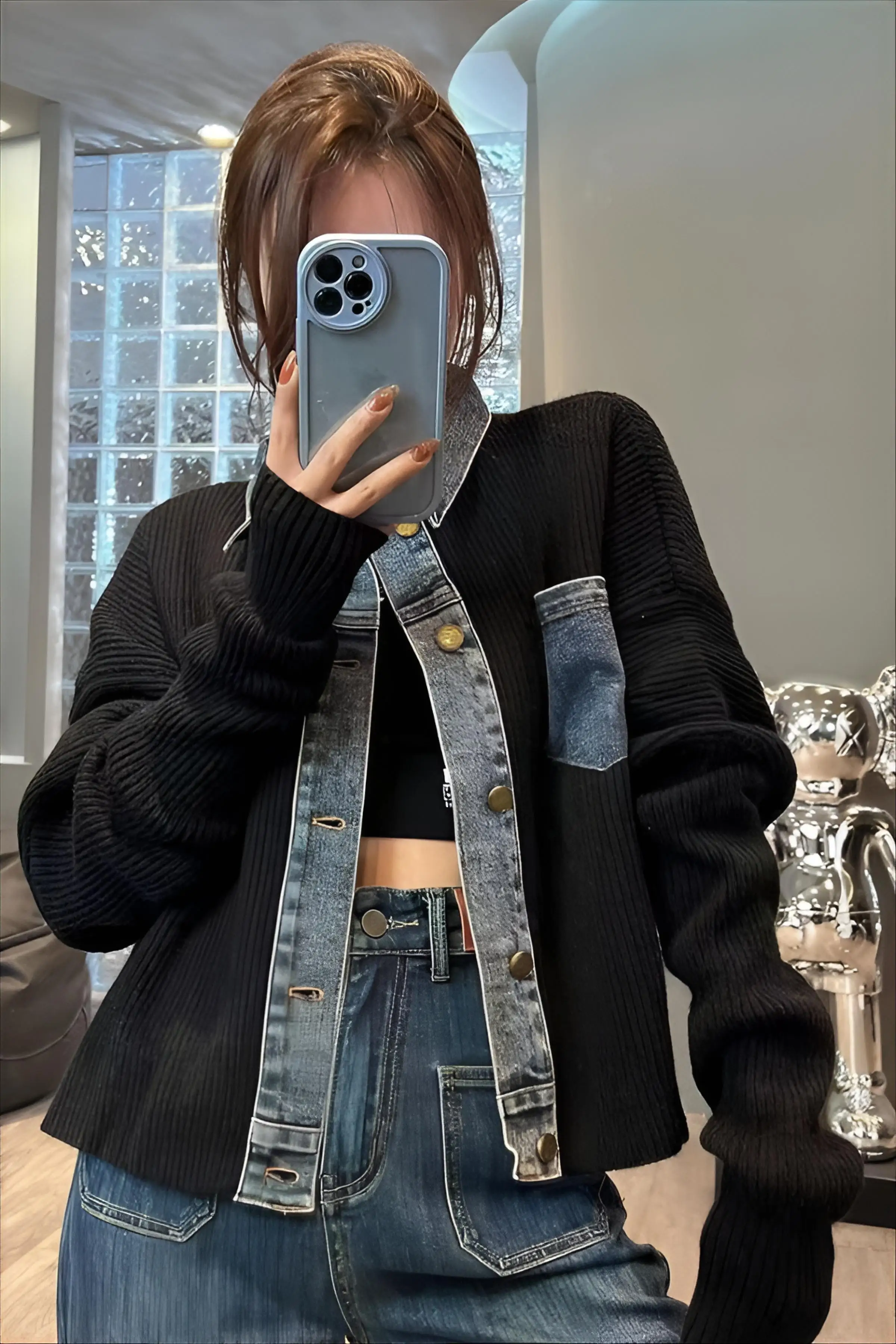 

Джинсовое пальто с мехом, женские осенние клетчатые профессиональные свободные эластичные лоскутные куртки с поясом, большие плиссированные повседневные куртки для колледжа