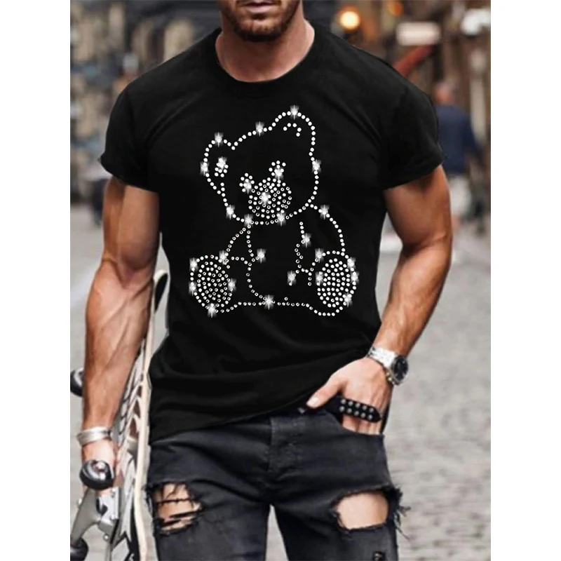 Men\'s Quality Fashion T-Shirts Casual Streetwear Short Sleeve Skull Hot Drill Men Clothing Tee Tops O-Neck Rhinestone Tshirt Y2K