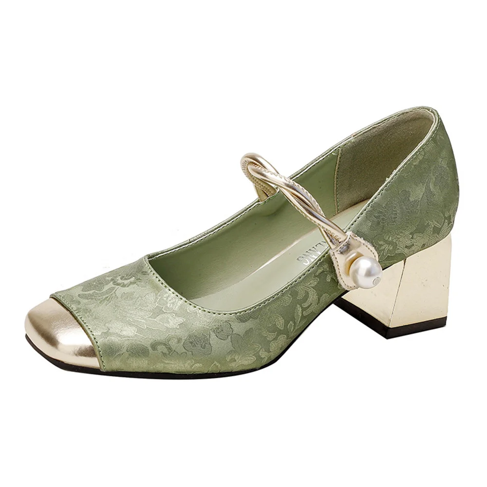

Chinese Style Pearl Ladies New Retro Temperament Thick Heels Comfortable Women's Pumps Square Head Shallow Mouth Single Shoes