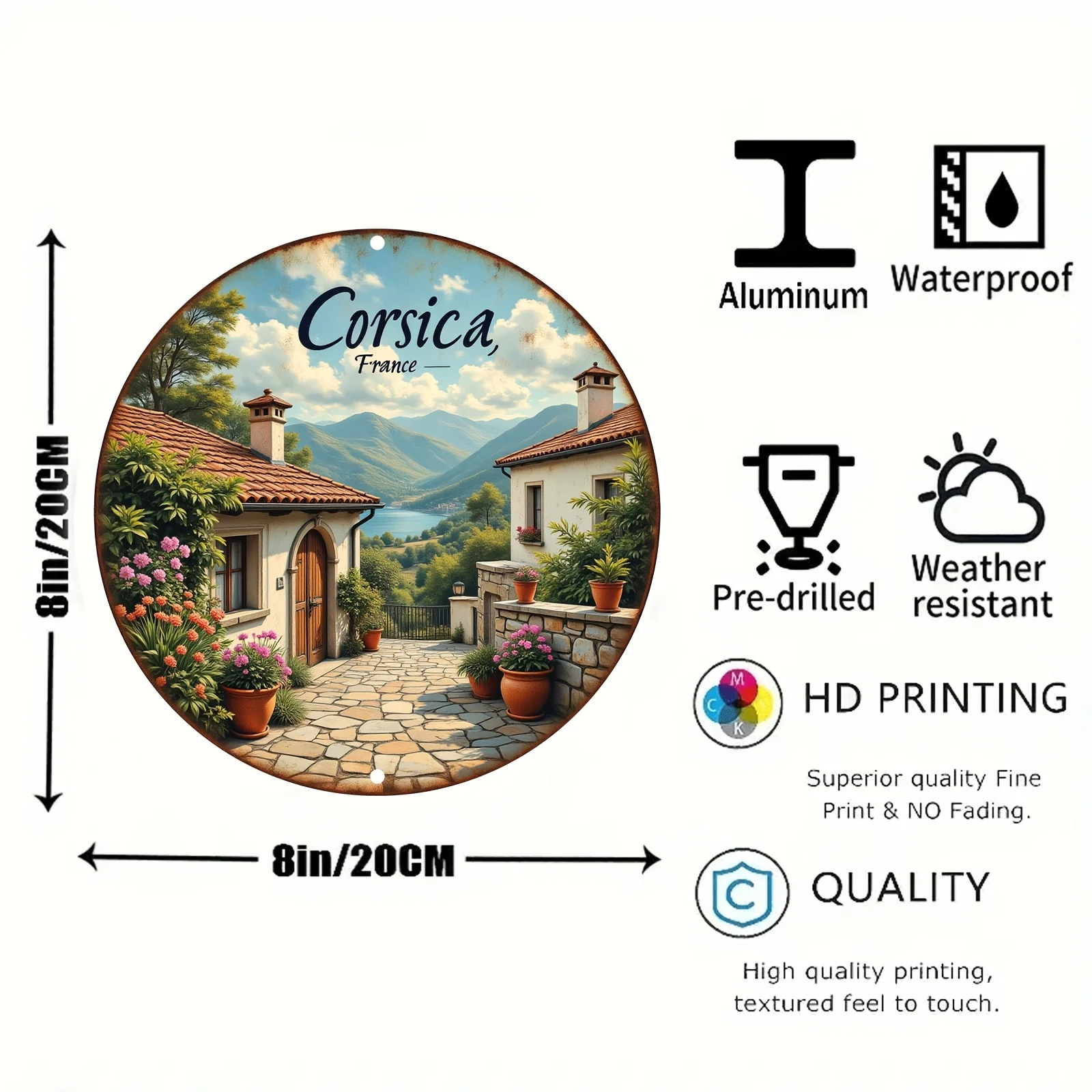 Vintage Aluminum Wall Art - Corsican Villas Landscape with Blooming Flowers & Mountains, Rustic Metal Wall Decor for Living Room