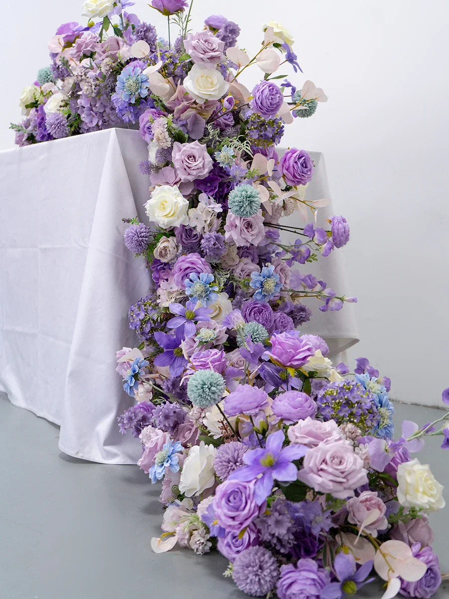 Hotel decoration purple strip table flower arrangement, wedding event ceremony birthday banquet simulation flower arrangement