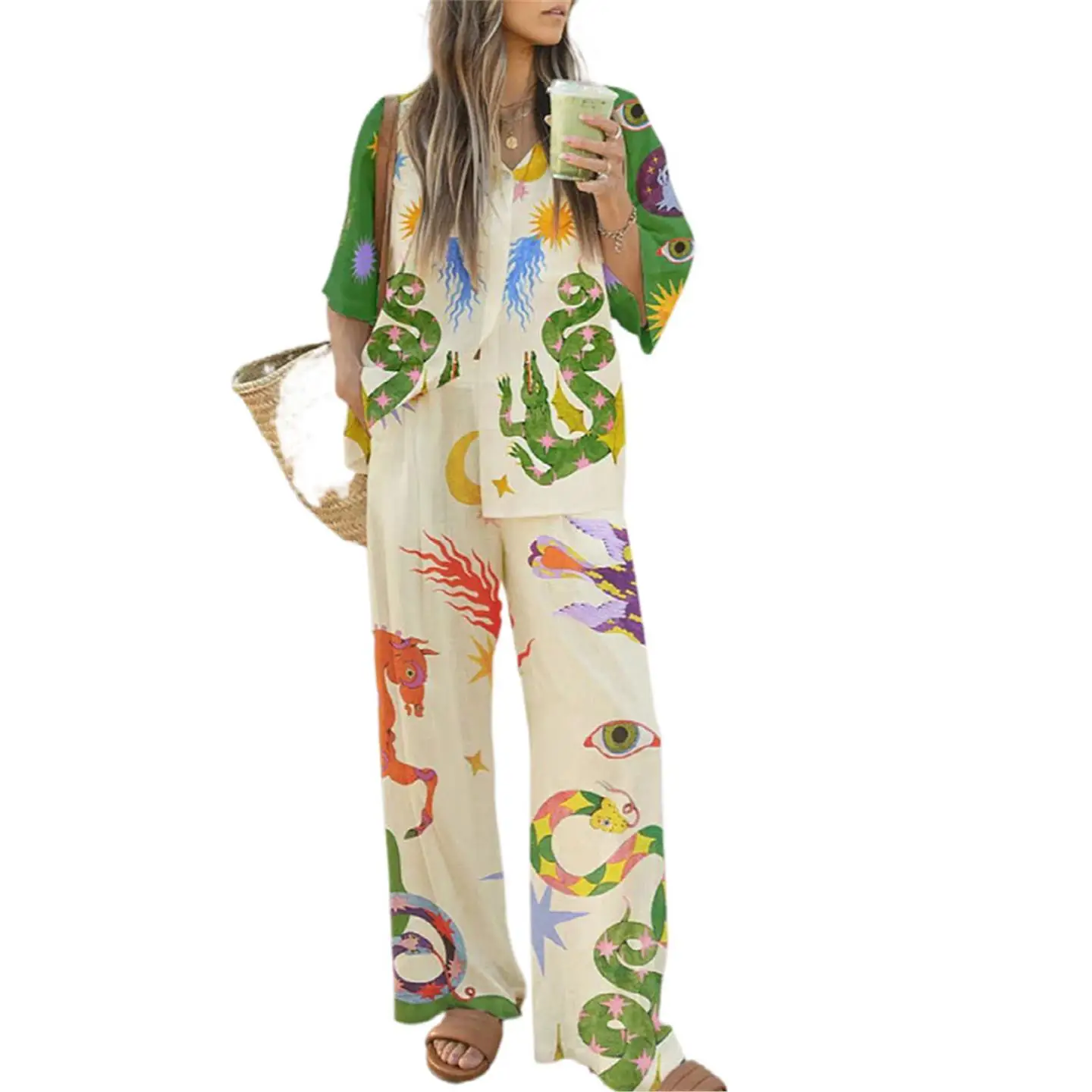 ファッショナブルなコットンリネンプリントのトップスとパンツのセット、カジュアルレトロな女性用服、ミッドウエスト、ローウエスト、PVC素材