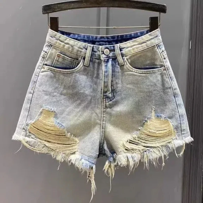 

Vintage Simplicity Summer New Women's Hole Distressed Pockets Tassel Zipper Fashion Casual High Waist Straight Cowboy Shorts