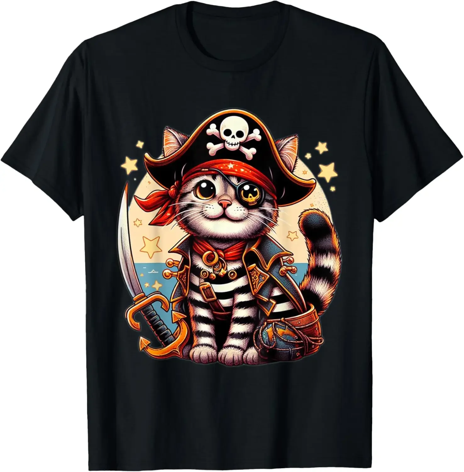 

Pirate Cat Graphic Tee Kitten Skull Jolly Roger Lovers Short Sleeve T-Shirt