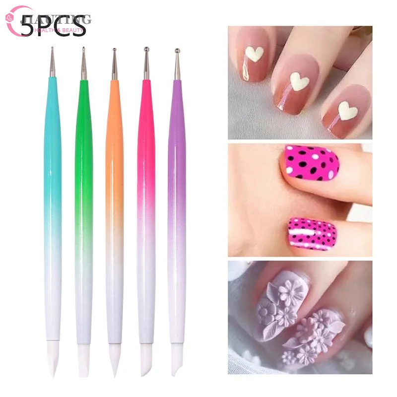5Pcs Professional Gradient Nail Art Silicone Brush Set Dual-Head Carving Painting Embossing Pen DIY Round Bots Manicure Tool Pen