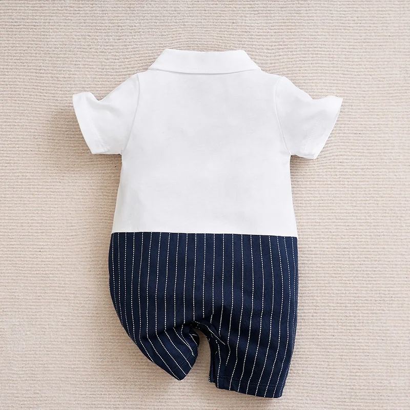 Newborn BabyBoy Children\'s Clothing Jumpsuit Casual Bow Gentleman Fake Shoulder Strap Cotton Summer White Short Sleeved Jumpsuit