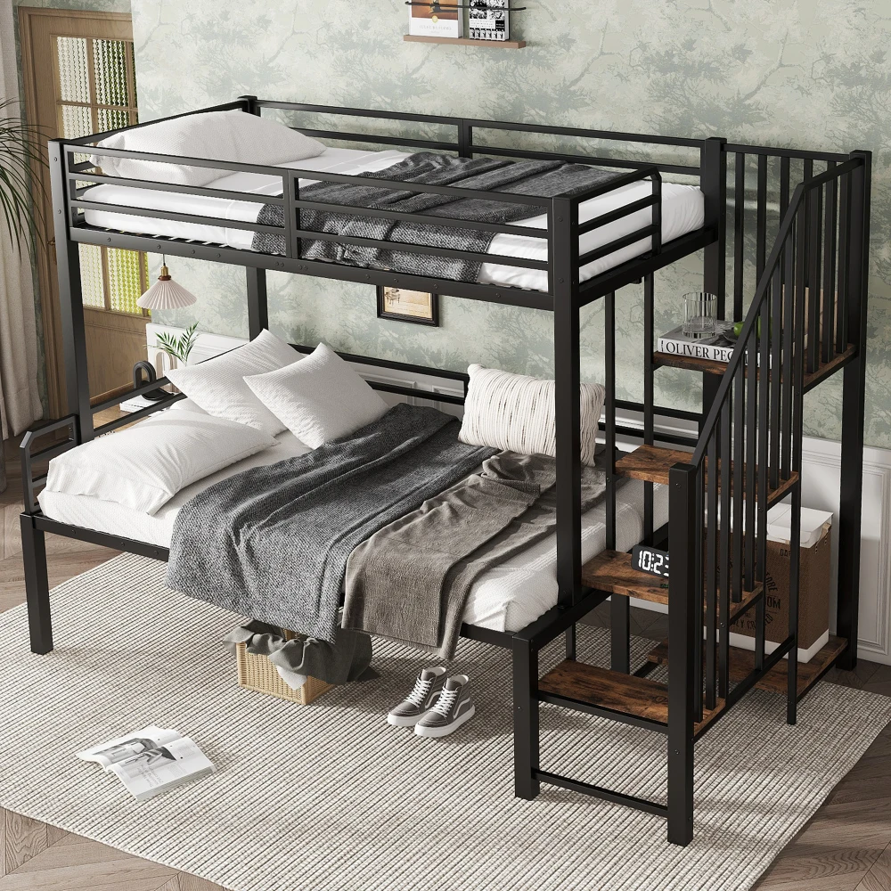 PINGGO Eisen-Etagenbett für Kinder und Jugendliche mit Stauraum-Eckschrank, Eisen & MDF, Schwarz Vintage-Holz, 90x200cm 120x200cm, ohne Matratze – Detail 6
