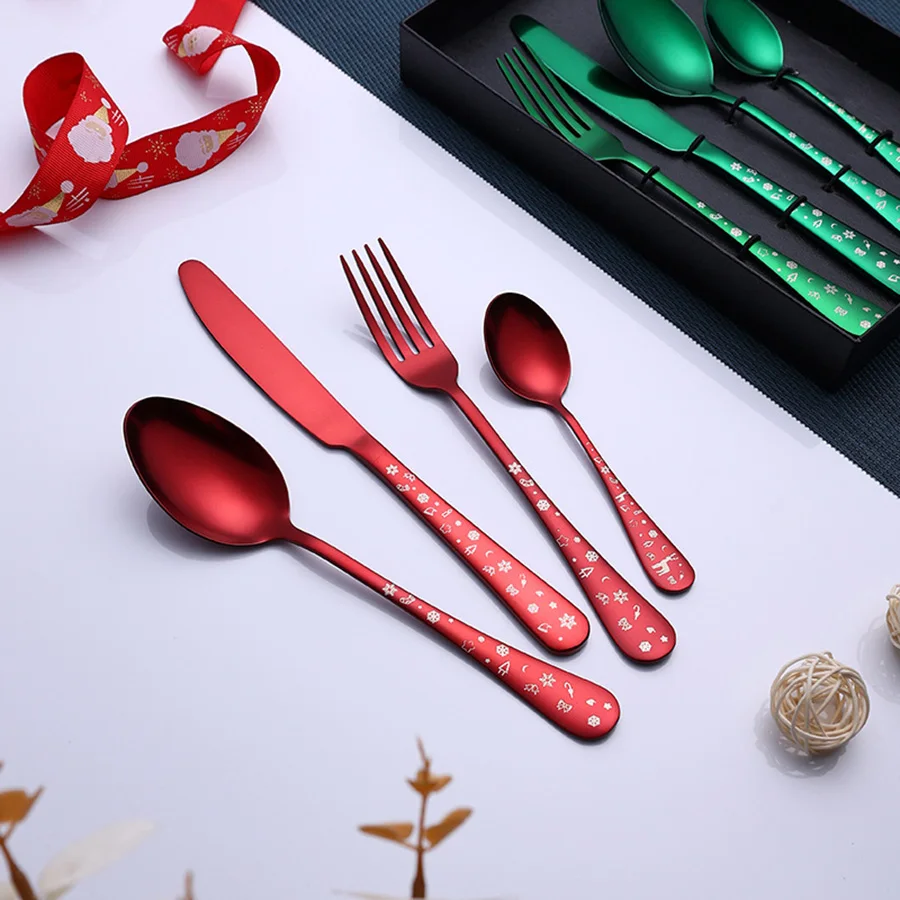 Stainless Steel Flatware Cutlery Set Set of 4 Christmas Fork with Knives  and Spoon Christmas Tree Snowflake Pattern Design