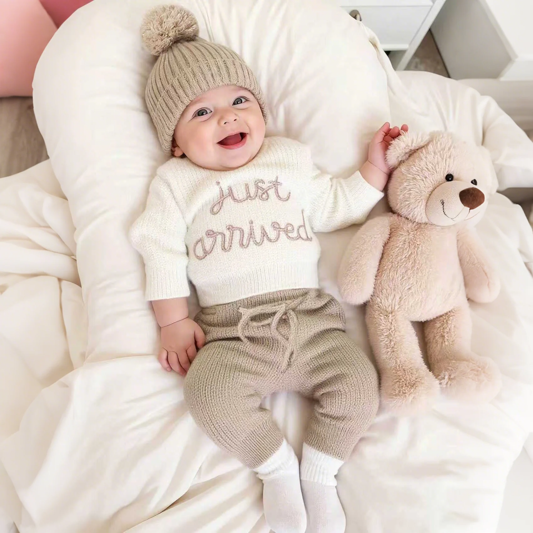 

Ylsteed комплект из 3 предметов, вязаная одежда для новорожденных мальчиков, одежда для фотосъемки «Только прибыла», вышивка цвета хаки, детская одежда, свитер, подарок для детского душа