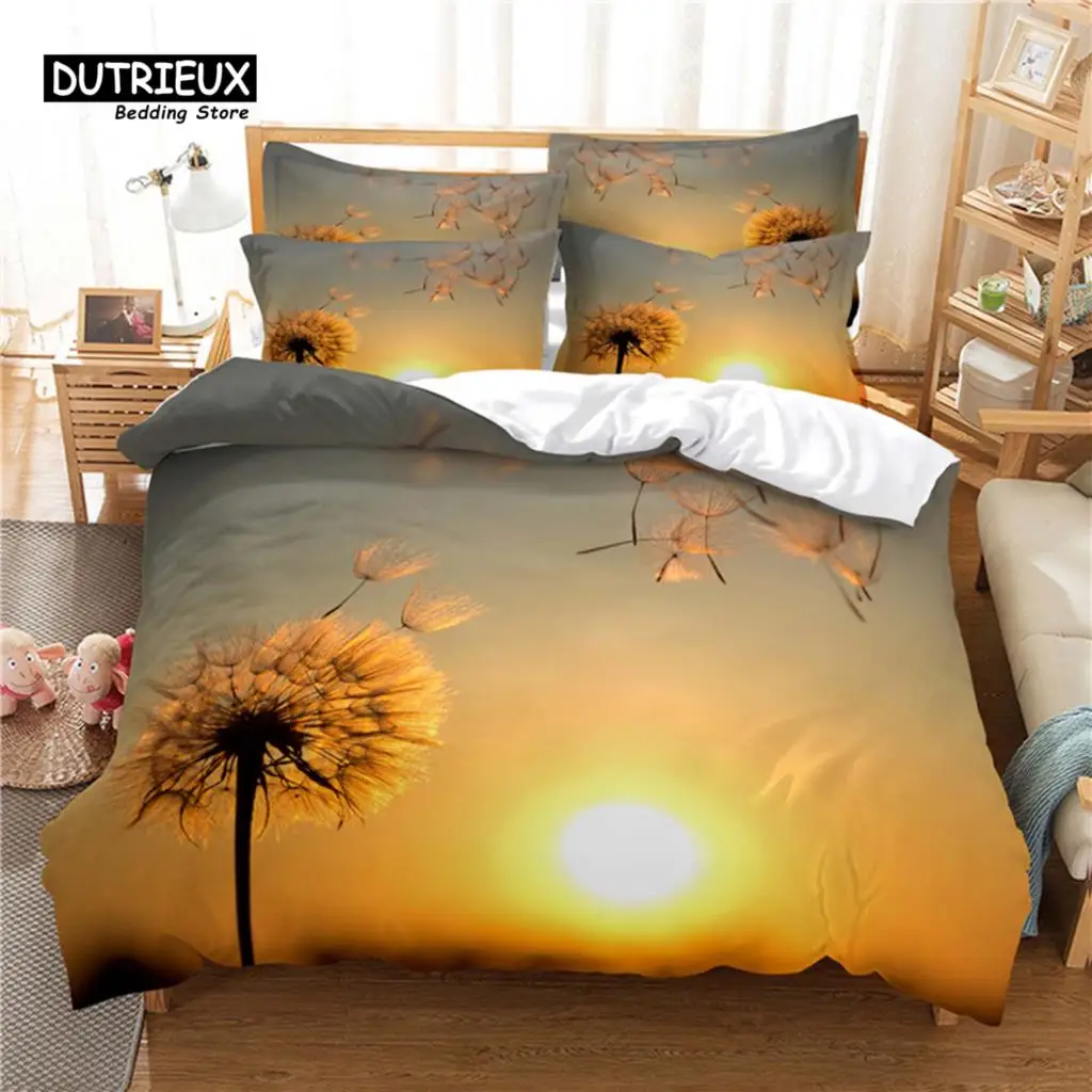 Beautiful Flower Dandelion Bedding Set, Scen Duvet Cover, 3D Bedding, Digital Printing, Queen Size, Fashion Design